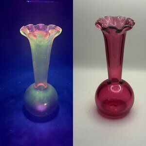 Vintage Pilgrim (?) Handblown Cranberry Glass Bud Vase – 7” Tall with Ruffled Ri